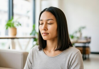 Serene young asian woman meditating with closed eyes, finding peace and mindfulness in a modern office environment