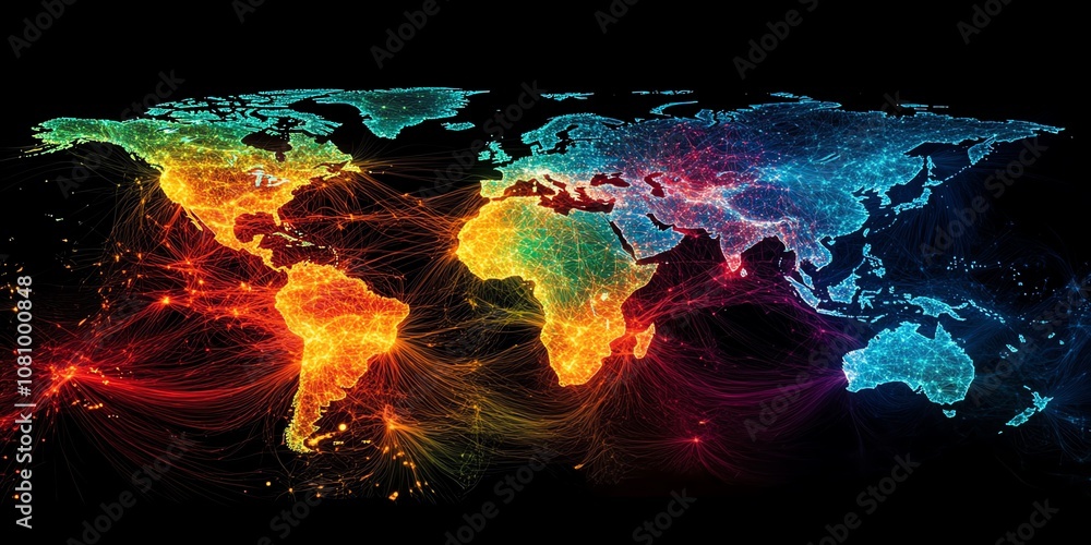 Poster a colorful and abstract world map with glowing lines representing connections between continents.
