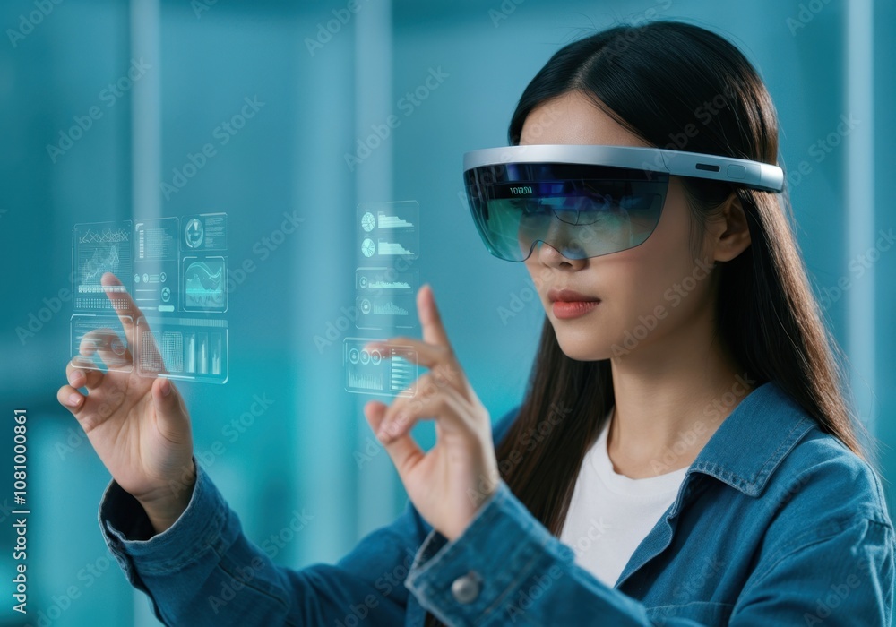 Aufkleber businesswoman using ar glasses to interact with holographic interface, visualizing graphs and data i