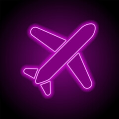 Aircraft simple icon vector. Flat design. Purple neon on black background