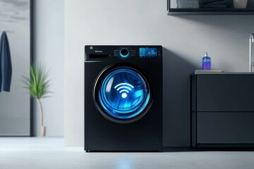 Modern black washing machine with WiFi symbol.