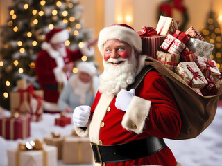 happy santa claus with gift boxes