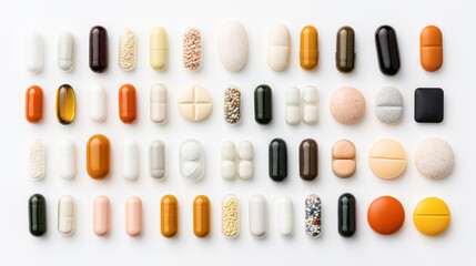 Assorted capsules and tablets of various shapes, sizes, and colors neatly arranged on a white background, showcasing different pharmaceutical forms.