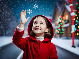 Girl in red hood is reaching out snowflake