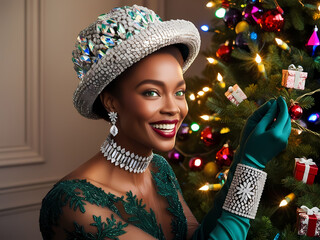 portrait of a woman in front of christmas tree