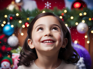 Girl is watching snowflake falling down