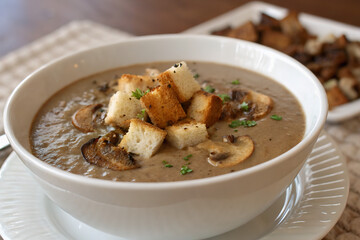 Mushroom puree soup with croutons