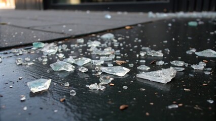 Fragmented glass shards scattered across a dark, glossy black surface, with some pieces reflecting faint light, glass, fragment, reflect, isolated setting