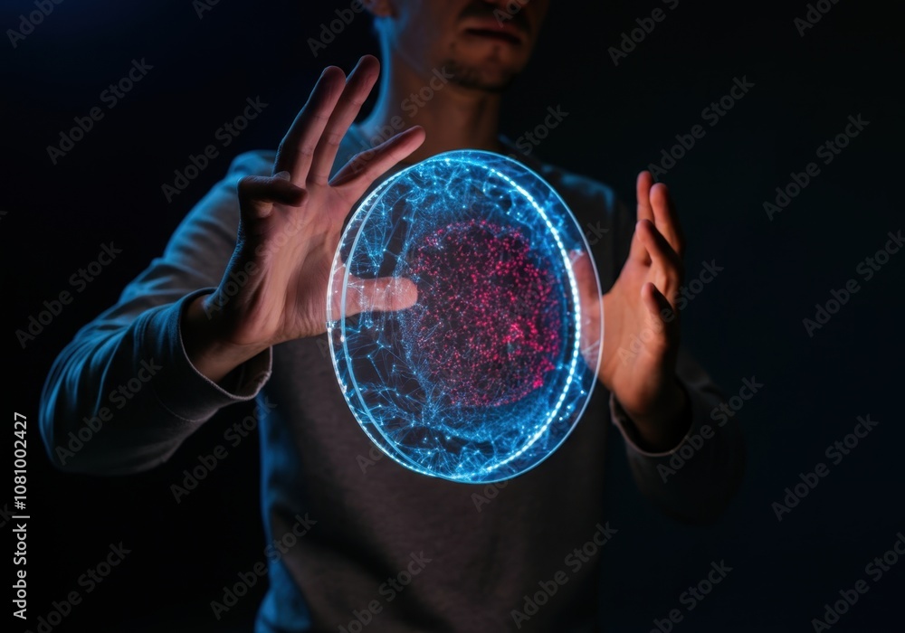 Poster Software engineer manipulating a futuristic holographic interface, visualizing global network connections and data flow in a dark environment