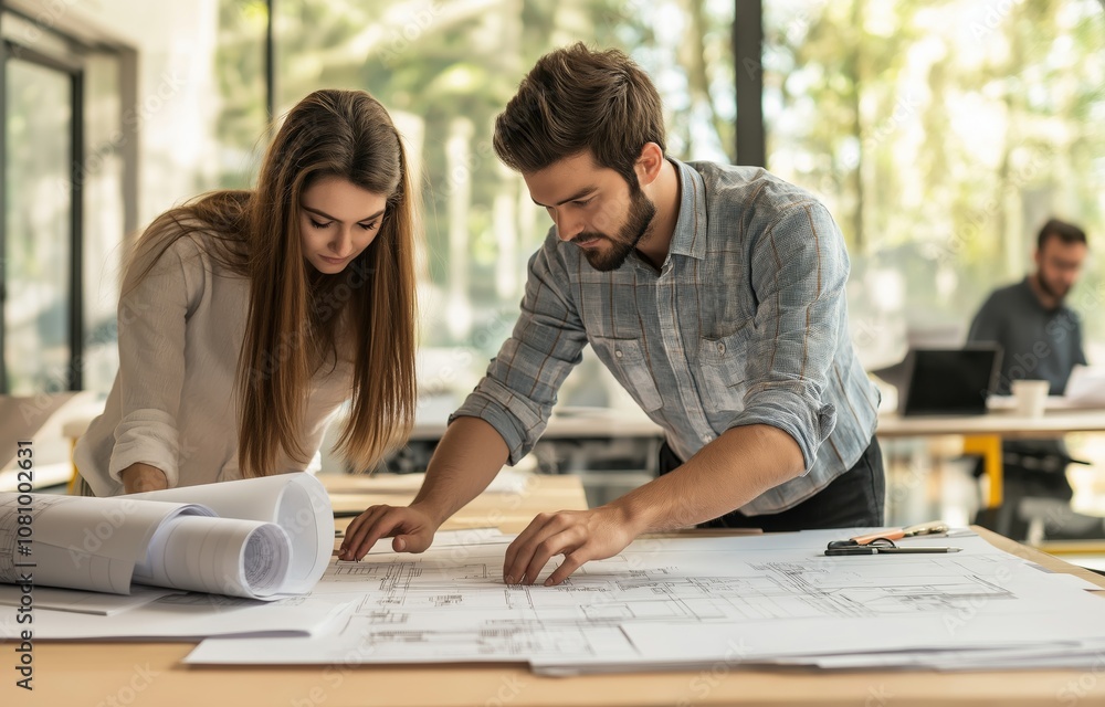 Poster Participate in a Collaborative Business Meeting Set within a Creative Workspace, Focusing on Architectural Plans and Blueprints to Enhance the Projects Development and Design Strategies