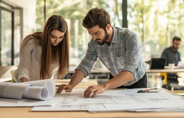 Fototapeta premium Participate in a Collaborative Business Meeting Set within a Creative Workspace, Focusing on Architectural Plans and Blueprints to Enhance the Projects Development and Design Strategies