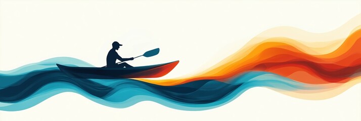 Silhouette of man paddling kayak across vibrant waves in abstract style