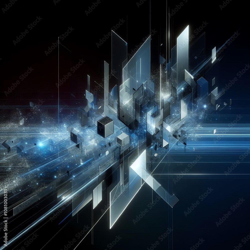 Poster dynamic abstract design showcasing geometric shapes and light trails in a futuristic setting