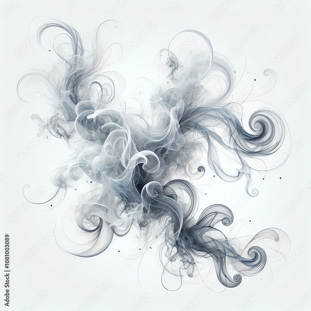 Poster abstract swirling patterns in shades of gray and white resembling smoke or mist, creating a dynamic 