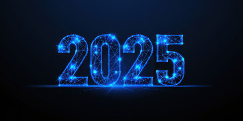 Abstract 2025 Happy New Year digital banner background. Futuristic glowing polygonal style on blue