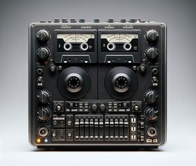 Fototapeta premium Vintage audio cassette recorder with dual tape decks and multiple controls resting on a neutral background