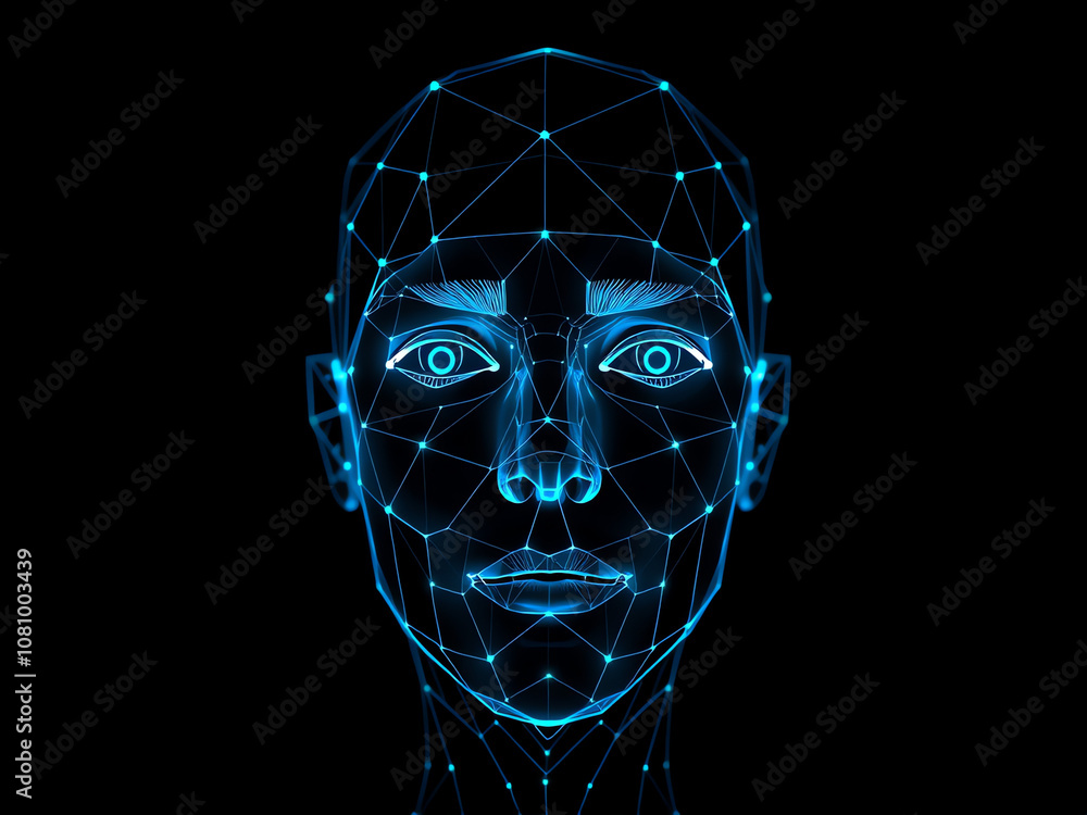 Poster digital human face with a geometric pattern and glowing lines on a black background