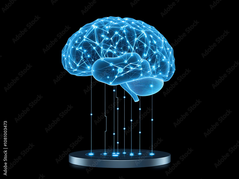 Poster digital representation of a blue brain surrounded by neural connections showcasing advanced technolo