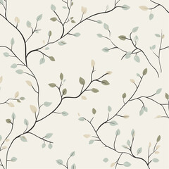 Trendy botanical wallpaper design featuring a delicate intertwined branches pattern with small leaves in soft mint and muted taupe, elegant pattern, trendy pattern, hand-drawn style.