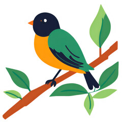 Minimalist Bird on Branch with Leaves
