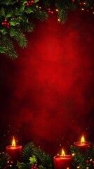Holiday background on a textured red surface with holly, pine, and candlelight