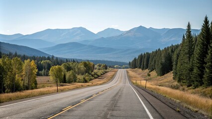 Fototapeta premium Wide open road stretches out before a mountain landscape with trees and mountains in the distance, roadscape, rural
