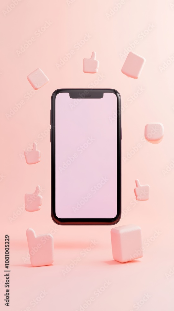 Poster smartphone with blank screen is surrounded by floating like icons on a soft pink background, represe