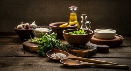 Rustic kitchen scene with fresh herbs spices