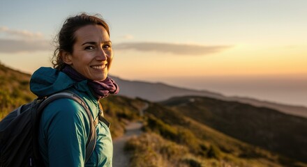 Naklejka premium Smiling female hiker enjoying sunset on mountain trail