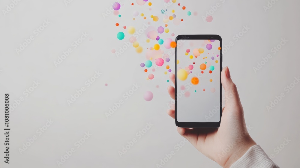 Poster Woman holding smartphone with colorful bubbles floating out representing social media icons and apps, symbolizing the spread of information and connection in the digital age