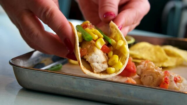 burito with fish tortilla with corn and green beans