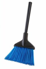 Blue broom with black handle on white background.