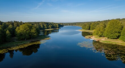 Serene lake surrounded lush forests clear blue sky