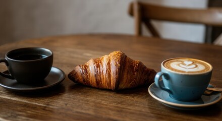 Morning coffee break with fresh croissant cappuccino