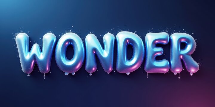 Colorful, glossy text spelling "WONDER" with a shimmering effect, perfect for invitations, advertisements, or creative projects to evoke excitement and curiosity.