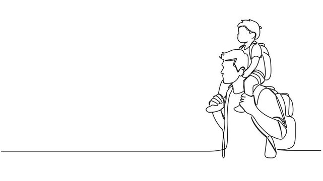 animated continuous single line drawing of father carrying child on his shoulders, line art animation