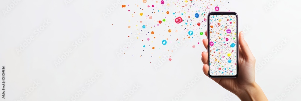 Poster Hand holds a smartphone with a burst of colorful social media icons exploding from the screen against a clean white background, representing the dynamic and engaging nature of online connections