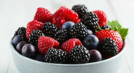 Fresh mixed berries in bowl on white wooden background