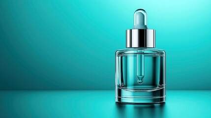 Naklejka premium Glass dropper bottle with liquid on reflective surface against bright turquoise gradient background, highlighting elegance and simplicity of beauty or skincare product packaging.