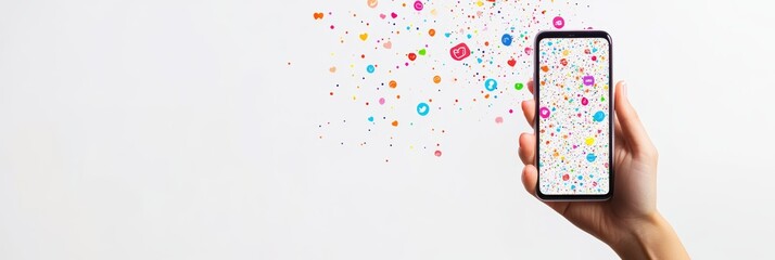 Hand holds a smartphone with a burst of colorful social media icons exploding from the screen against a clean white background, representing the dynamic and engaging nature of online connections