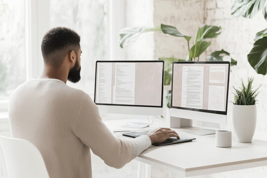 Man working at modern desk with dual computer monitors, typing, indoor setting, plants in background