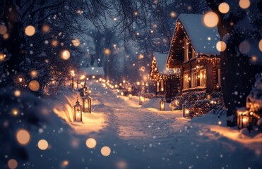 Fototapeta premium Cozy winter scene with lanterns, snow-covered path, and twinkling lights