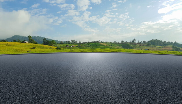 Asphalt parking lot or road with mountain background, backdrop for product display, black rough surface, cars, technology, modern equipment, surface for automotive showroom.