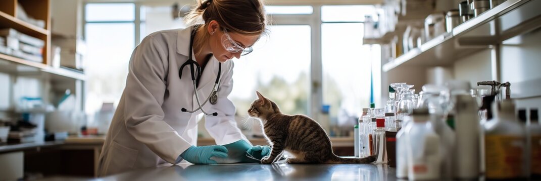 A veterinarian is carefully examining a cat in a specialized medical laboratory setting to perform a thorough diagnosis, ensuring the health and wellbeing of the feline patient under observation