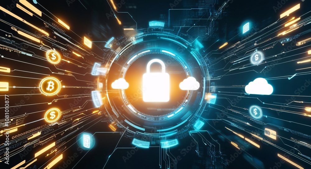 Poster cybersecurity: a glowing padlock symbolizes secure data in a futuristic digital landscape, with abst