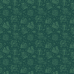 Christmas presents seamless pattern - Xmas gifts green color background - Vector linear minimalist. Japanese wrapping, box gifts, knot, ribbon, New Year, Holidays, floral elements - Birthday decor