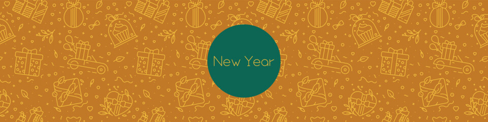 Christmas presents seamless pattern - Chinese New Year gifts gold background - Vector linear style - Japanese wrapping, gifts, knot, ribbon, X-mas, Holidays, floral elements - Birthday cards