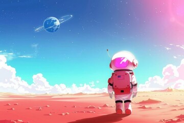 Naklejka premium Astronaut exploring a vibrant alien landscape with distant planet. Concept of Science Fiction Day
