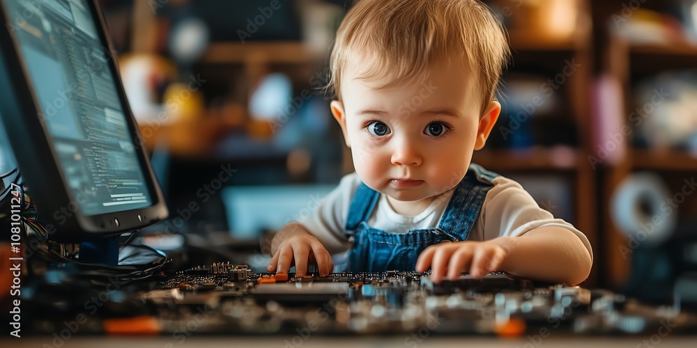 Poster A curious baby is looking at a computer with a confused look on their face. They are sitting at a desk with a computer keyboard and mouse in front of them.