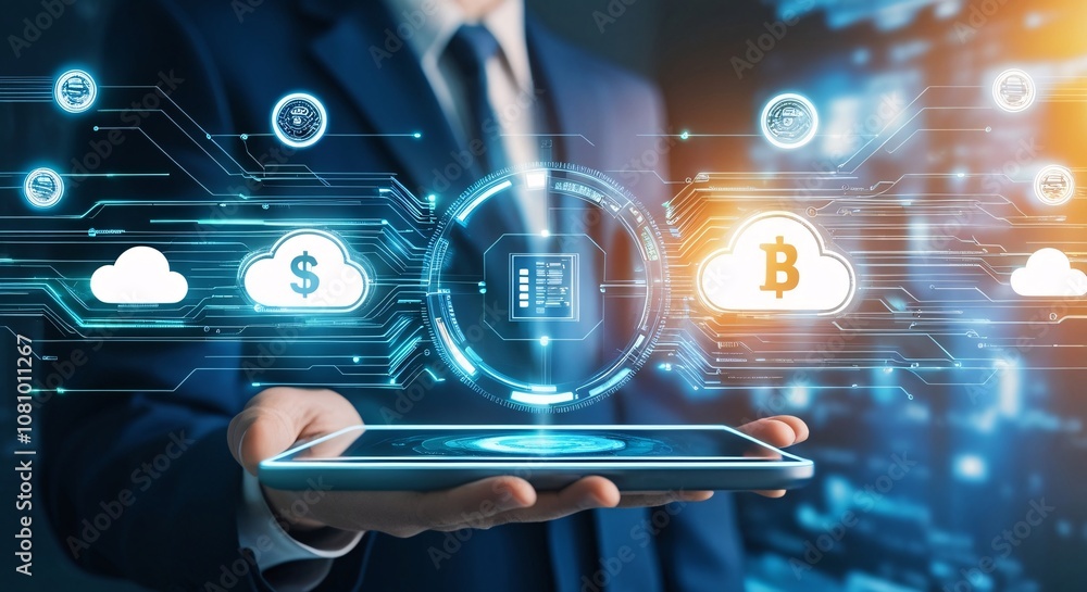 Poster cryptocurrency and cloud computing convergence: a businessman holds a tablet, showcasing a futuristi